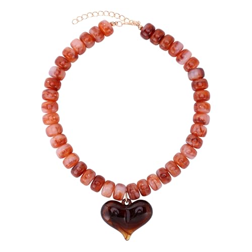 HJGPL Chunky Colorful Beaded Statement Boho Chokers Necklace Heart Pendant Pink Green Yellow Brown Fashion Jewelry (brown2)