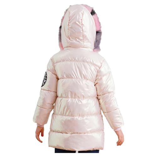 FEESHOW Kids Girls Thermal Jacket Coat Metallic Long Sleeve Hooded Stand Collar Detachable Fur Warmth Overcoat Outwear3