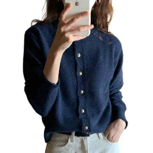 JOLILUNA Button Up Cardigan Navy Blue Cardigan for Women Crew