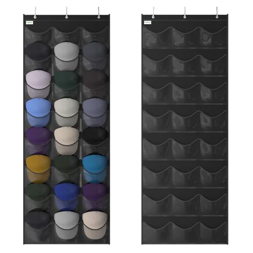 Unjumbly Baseball Hat Rack, 24 Pocket Over-The-Door Hat Organizer with Clear Deep Pockets to Display Baseball Caps Collection, Complete with 3 Over Door Hooks (Black, 24 Pockets)