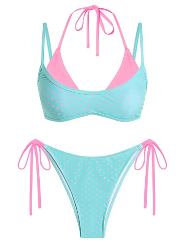 Image of ZAFUL Women's Polka Dot Bikini Set Double Layer Halter Swimsuit Colorblock Side Tie 2 Piece Bathing Suit