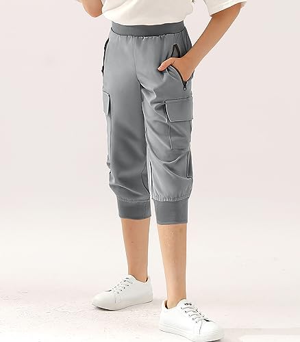 Image of DOUBLJU Lightweight Hiking Sweatpants Women Girls Kids Slightly Elastic Quick Dry Capri Cargo Jogger Athletic Workout Outdoor