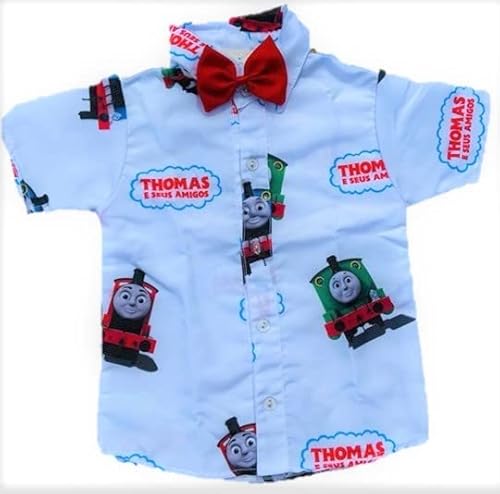 Thomas e Seus Amigos Kit Roupa Conjunto Infantil Menino 4 Peças Camisa Gravata Bermuda e Suspensório