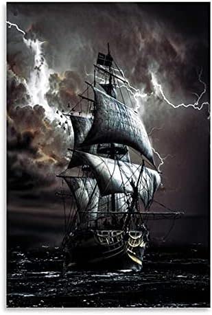 QITEX Affiche Vintage 30x40cm (Sans cadre) Bateau pirate Peinture à l’huile Noir Voilier Sur toile peinture Mer Rétro Poster Bureau Salon Décoration...