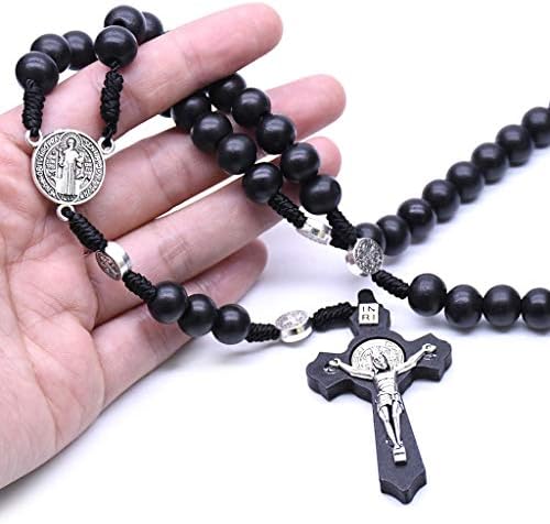 TShopm Wood Rosary Necklace Wooden Smooth Beads Catholic Cross Necklace Religious Necklace Jewelry Catholic Jesus Cross Pendant Necklace for Men Women (Black)