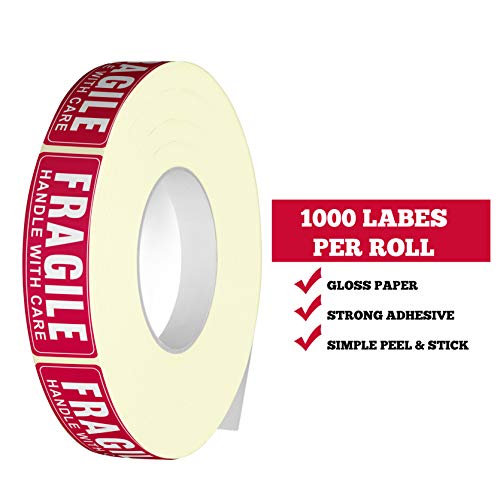 1” X 3” Fragile Handle With Care Warning Stickers, Fragile Tape For Packing And Shipping, Permanent Adhesive Labels 1000 Per Roll (1 Pack) #TOP1
