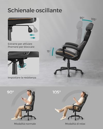 Sedia da Ufficio, Sedia da Gaming, Regolabile in Altezza, PU e Cotone-lino, Poggiatesta Regolabile, Braccioli Imbottiti, Schienale Oscillante, Portante 150 kg, Nero Classico OBG066B01 - Sedia gaming - Immagine 7