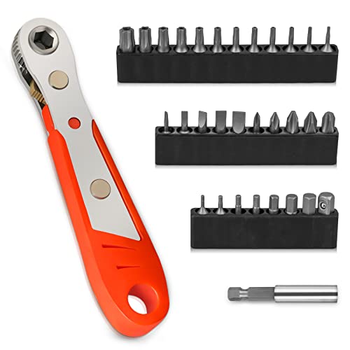 Lattook 32Pcs 1/4 Mini Ratchet Offset Screwdriver Bit Set, S2 Steel Right Angle Screwdriver With 90 Degree Mini Offset Reversible Drive Handle With Multi Hex Phillips Slotted Torx Star Bit #TOP4