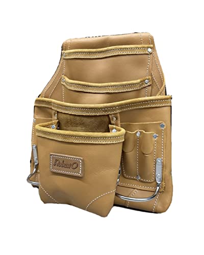 Supreme Leather Construction Leather Tool Pouch Bag For Constructors, Carpenters, Plumbers, Electricians, Framers, Handyman | 10 Pockets 2 Stainless Steel Hammer Holders Top Grain Bag Yellow #TOP2