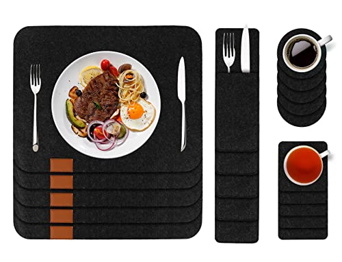 Manteles Individuales de Fieltro Juego de 24, Manteles de Fieltro Juego de 6 con 6 Ronda Posavasos 6 Cuadrado Posavasos y 6 Bolsas de Cubiertos, Mantel Individual Lavables Antideslizante Resistente Cover