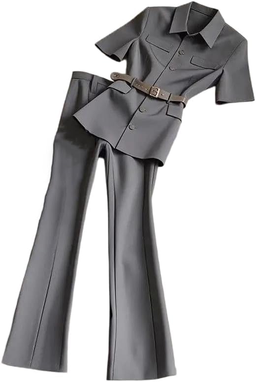 Womens Two Piece Pant Suit Lapel Short Sleeve Shirt and High Waist Trousers Spring Office Workwear Outfit
