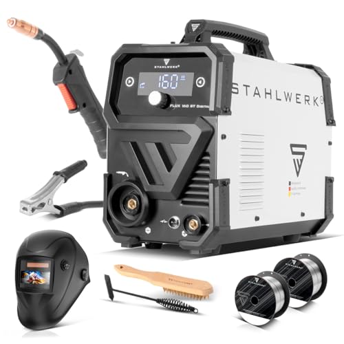STAHLWERK Schweißgerät FLUX 160 ST Digital – Vollausstattung – Fülldrahtschweißen ohne Schutzgas bis 160 A, kompakt, synergischer Drahtvorschub, mit LED-Licht, Lift-TIG- und MMA/ARC-Funktion