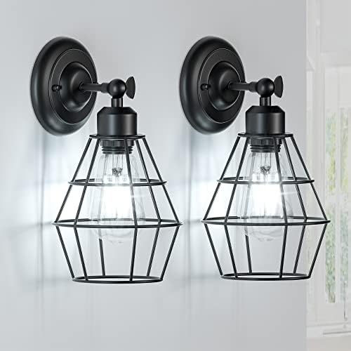 Elibbren Industrial Wall Sconce, 2 Pack, Vintage Wire Cage Wall Lighting Sconce, Farmhouse Wall Lighting Fixture for Bedroom, Headboard,Garage, Porch