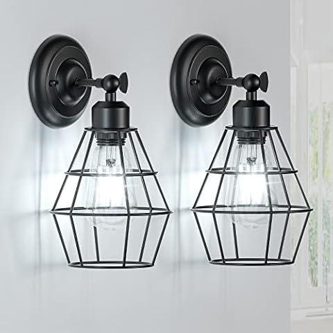 Elibbren Industrial Wall Sconce, 2 Pack, Vintage Wire Cage Wall Lighting Sconce, Farmhouse Wall Lighting Fixture for Bedroom, Headboard,Garage, Porch,UL Listed Cover