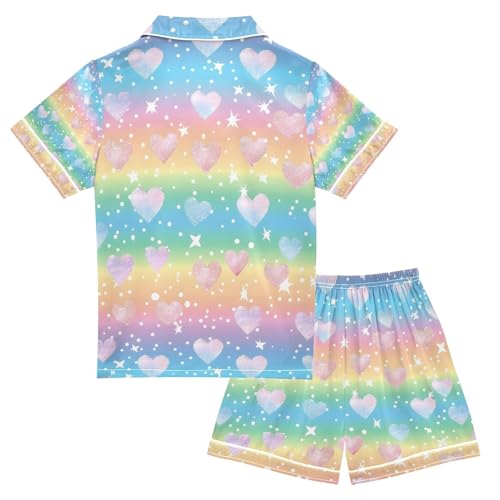 senya Rainbow Flashing Heart Satin Summer Pajama Sets Silk Short Sleeve Button Down Sleepwear2