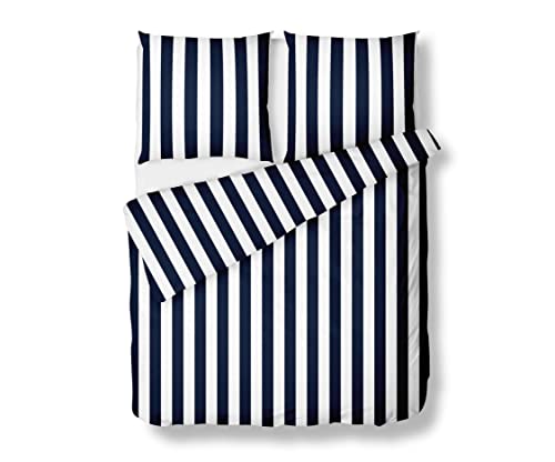 Freundin Home Collection Mako Satin Bettwäsche Blockstreifen dunkelblau (Garnitur 200x200 + 2X 80x80 cm) Cover