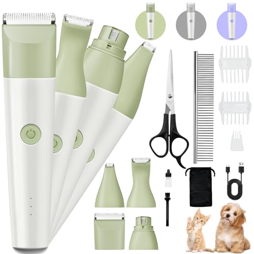 Muaket 4 en 1 Silencioso Maquinilla de Perros, Set de Maquinilla para Gatos Recargable, Cortapelos Gatos con 2 Velocidades para Recortar el Pelo de las Patas, Ojos, Orejas, la Cara y la Grupa, Verde