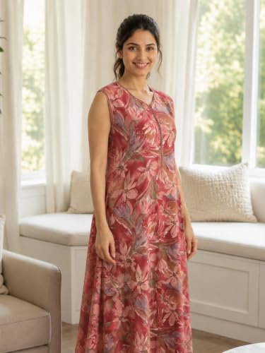 Image of 9shines Label Alpine Sleeveless Nighty | All Over Print Maxi for Women | Night wear for Women | Full Length Night Gown for Women | Night Dress for Women Stylish (Alpine Sleeveless 24)