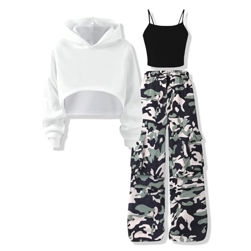 Voxikodex Size 11 12 Years Girls Clothing Set Cropped Hoodie Sweatshirt Cami Top Cargo Pants 3PCS Girls Fashion Fall Clothes Set Camo(11-12Y)
