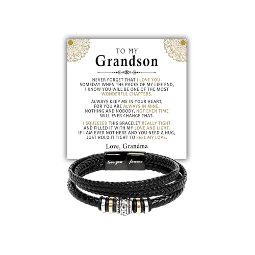 To My Grandson Bracelet from Grandma and Grandpa, Leather Bracelet For Grandson From Grandparents, Graduation Gift For Grandson, Grandson Birthday With Message Card and Gift Box.