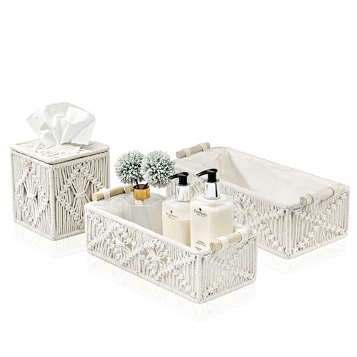 Sorbus Macrame Boho Decor Baskets & Tissue Holder Set - Decorative Woven Baskets for Bathroom Shelves - Lined Storage Set for Organizing Toilet Tank Top - Store Washcloths, Hand Towels, Skincare