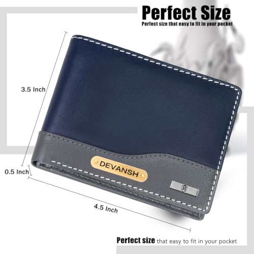 Image of HORNBULL Men's Personalized Wallet I Customized Slim Stylish Leather Purse with Name I Unique Birthday Gift for Men Boy Love Husband (Navy /Gry)