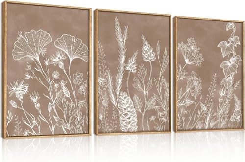 Image of TOARTi Botanical Farmhouse Wall Art Set Boho Plant Framed Canvas Wall Decor Rustic Wildflower Art Prints for Living Room Neutral Minimalist Floral Painting Bedroom Bathroom - Large12x16inchx3
