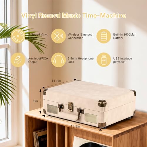 Image of Portable Bluetooth Record Player with USB Playback Rechargeable Battery and Built in Speakers 3 Speed Turntable in Retro Suitcase Design for Home Bedroom or Outdoor Use