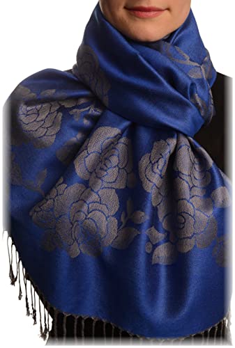 Écharpe pashmina bleu persan femme grand foulard roses à franges