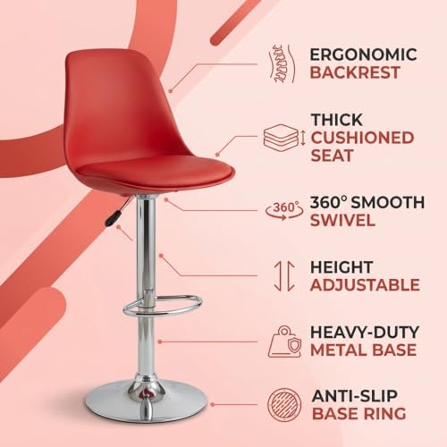 Image of activa Rapid Bar Stool Chair with Height Adjustable Design, Padded Seat & Footrest | Modern Metal Counter Stool for Kitchen, Home, Bar & Cafe Seating | Durable Comfort Chair (Red, Set 1)