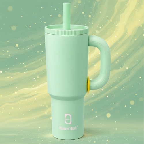 Image of House of Quirk 1200ml Stainless Steel Tumbler with Handle, Straw & Straw Cap | Leakproof Water Bottle | Large Capacity Travel Mug (Pastel Pista)