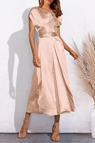 Prettygarden Women's 2023 Summer Satin Midi Dress Cap Sleeve Tie Waist Elegant A-Line Flowy Dresses (Champagne,Small) #TOP3