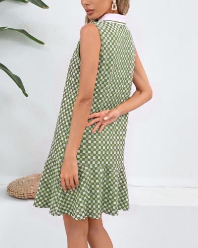Image of YEXPINE Women's Sleeveless Polo Dress Ruffle Hem Lapel V Neck T-Shirt Summer Mini Dresses