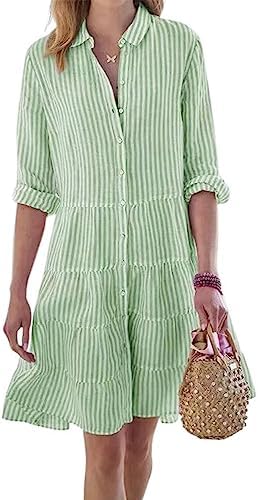 utcoco Womens Striped Button Down Midi Shirt Dress Casual Loose C...
