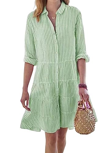 Image of utcoco Womens Striped Button Down Midi Shirt Dress Casual Loose Cuffed Long Sleeve Mid Long Dresses