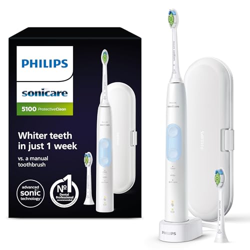 Philips Sonicare ProtectiveClean 5100 Electric Toothbrush, White/Light Blue, with Travel Case, 3 x Cleaning Modes & 2 x Whitening Brush Head (UK 2-pin Bathroom Plug) HX6859/29