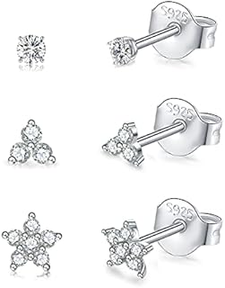 CERSLIMO Silver Stud Earrings for Women Girls, Tiny Flower Earrings Set | Small Cubic Zirconia Helix Earrings Dainty Tragus Cartilage Trio Studs Cherry Blossom Ear Piercing Jewelry Gifts
