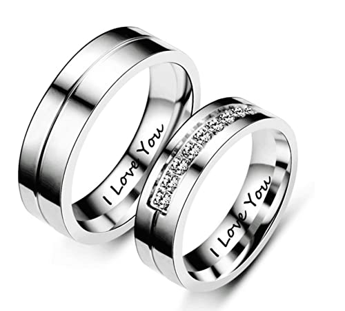 AmDxD Anillo de acero inoxidable para mujer, con circonita blanca, 6 mm, grabado I Love You Idee, regalo para parejas, W54 & M61.5, acero inoxidable, circonita cúbica Cover