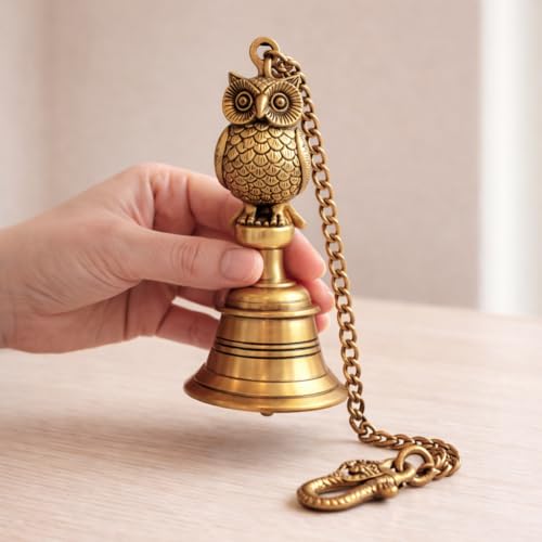 Image of ExclusiveLane 'Royal Owl' Brass Decorative Hanging Bell (100% Pure Brass, 66.2 Cm, 1.21 Kg, Hand-Etched) | Bells for Mandir Hanging Bells for Pooja Room Temple Bells for Mandir