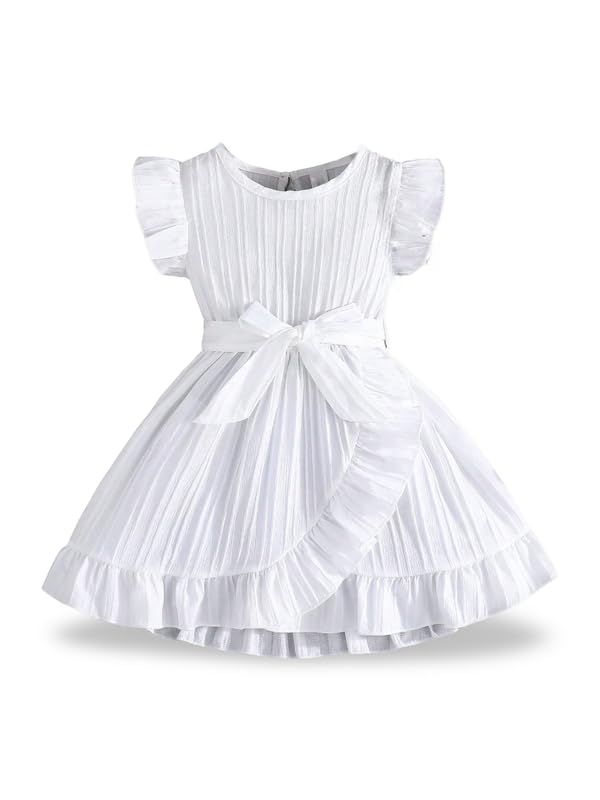 Image of Niren Enterprise Girls' Frill Pleated Design, Ruffle Sleeves, Bow Waist, Elegant Summer & Birthday Party Dress