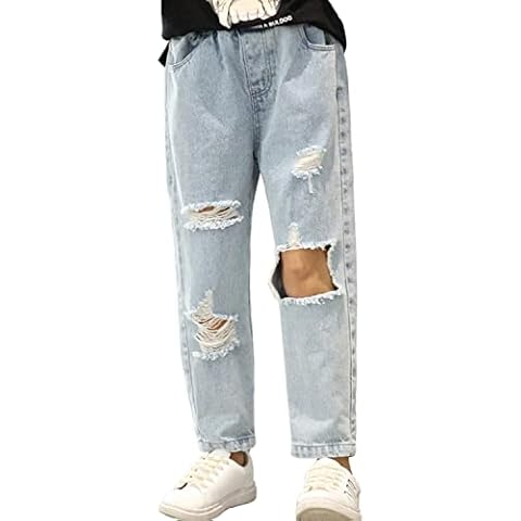 Rolanko Girls Ripped Baggy Jeans, Elastic Waist Straight Leg Vintage Distressed Denim Pants for Kids, Blue Hole, Size:160 Cover