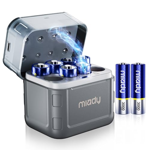 Miady Lithium AA Rechargeable Batteries 8 Pack with Fast Charger, 3000mWh 1.5V Output Double A Battery Low Self-discharge with Integrated Charing Storage Box