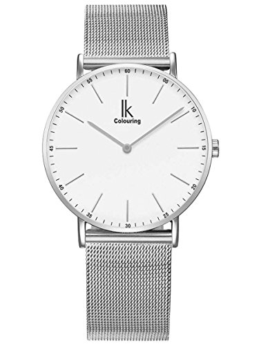 Alienwork IK Slim Ø40mm Ultra-cienki pasek siatkowy męski damski zegarek, Srebrny/Biały Srebrny/Srebrny Pasek Siatki, bransoletka