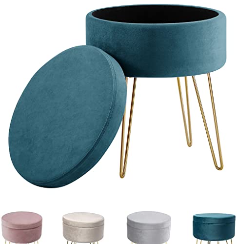 Zedelmaier Runder Sitzhocker Schminktisch Hocker Ottoman Gepolsterter Hocker Abnehmbarer Bezug Metallstütze (Türkis)