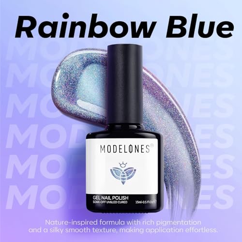 Image of modelones 9D Magnetic Cat Eye Gel Nail Polish, Holographic Blue Purple Rainbow Shimmer, 15ML UV LED Soak Off Gel Manicure Design - Reflective Top Coat for Women & Girls