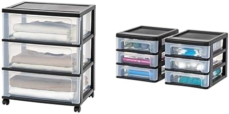 Bundle of IRIS USA Plastic 3-Drawer Wide Storage Drawer Cart with Caster Wheels Black, Set of 1 + IRIS USA Small Plastic 3-Drawer Desktop Organizer for Office School Stationery Bathroom, Black, 2 Pack