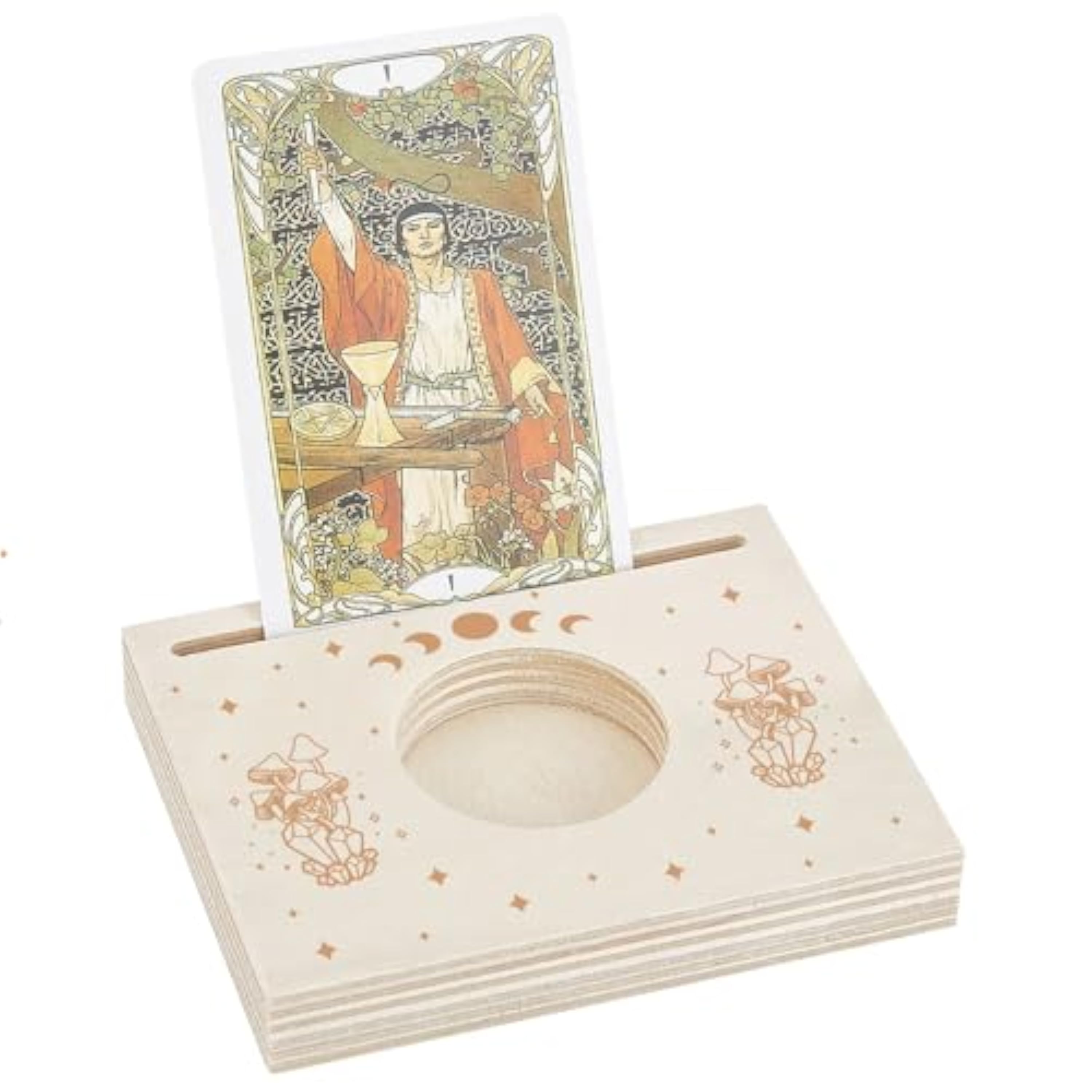 GORGECRAFT Expositor de Cartas de Tarot de Madera 10x8cm Tallado En Madera con Diseño de Seta Luna Y Estrella para Velas de Té Soporte Cartas de Adivinación Altar Wiccan de Brujas Estuche de Lectura