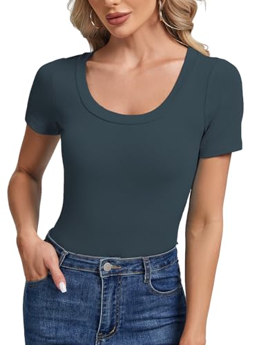 C.O.Z.Y Womens Short Sleeve Scoop Neck Tops Ribbed Knit Basic Tee Casual Summer Fitted Shirts Trendy Outfits Blue — view 2