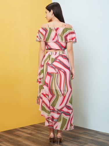 Image of Globus Women Pink Printed Co-Ord with Strappy Off-Shoulder Top & Skirt-3640697001