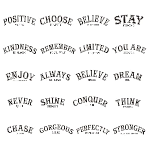 Shejdgart Dtf Transfers Ready to Press - 20 Pcs Motivational Iron on Patches for T-Shirts, Inspirational Quotes Iron on Stickers Heat Transfer Vinyl Decals for DIY Fabric Clothes Decor